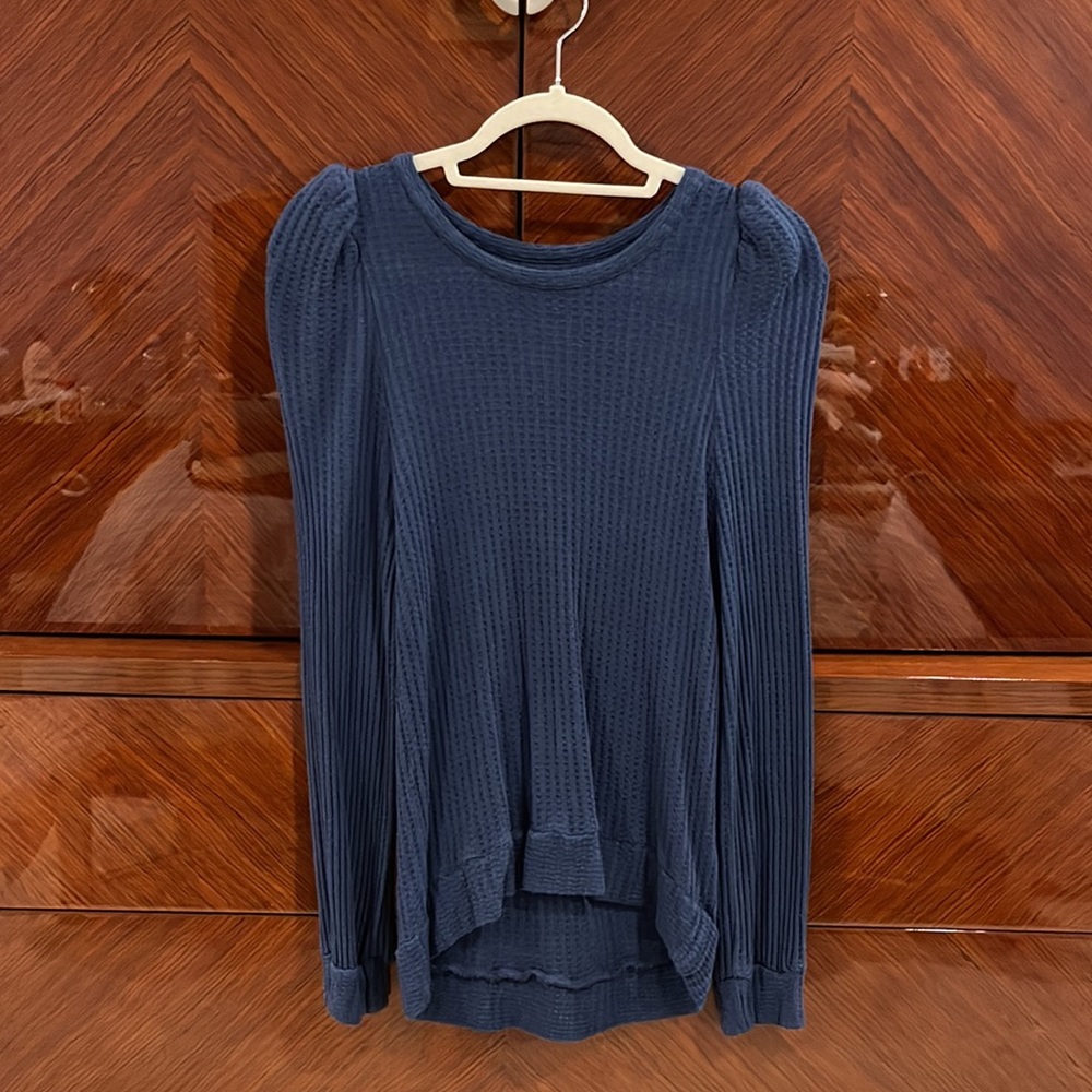 Chaser Waffle Knit Thermal Puff Long Sleeve Top Navy Size Medium